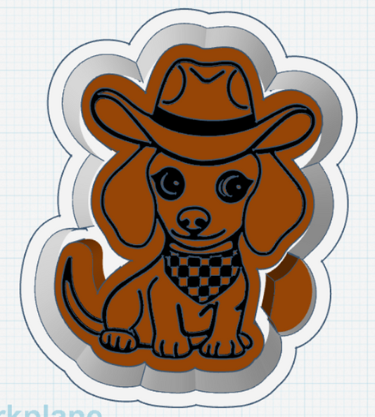 Dog wearing a cowboy hat with a checkered bandana on a white background